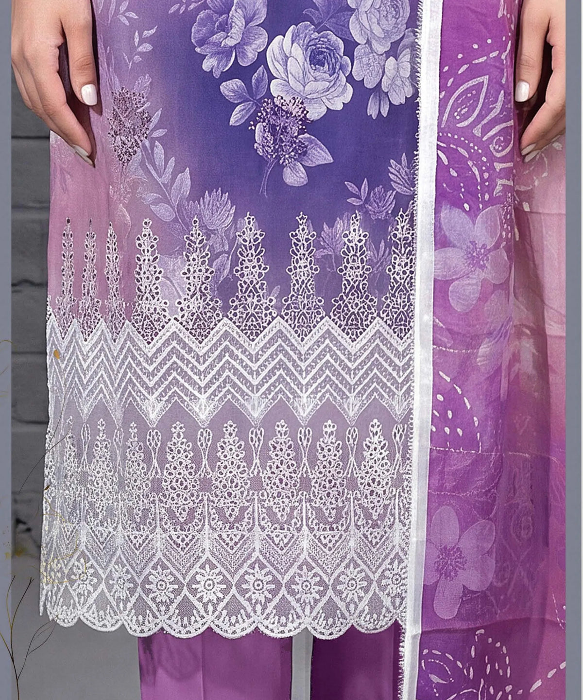 Pink and Purple Embroidered Unstitched Suit Embroidery Detail