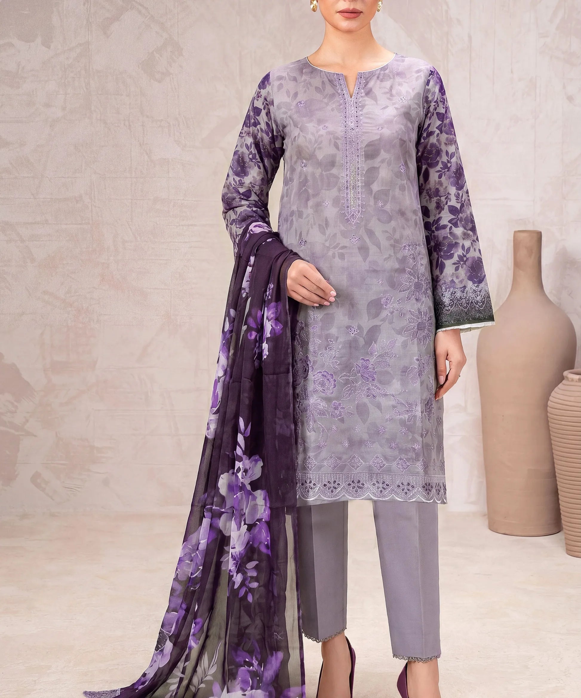 Purple Embroidered Unstitched 3PC Suit