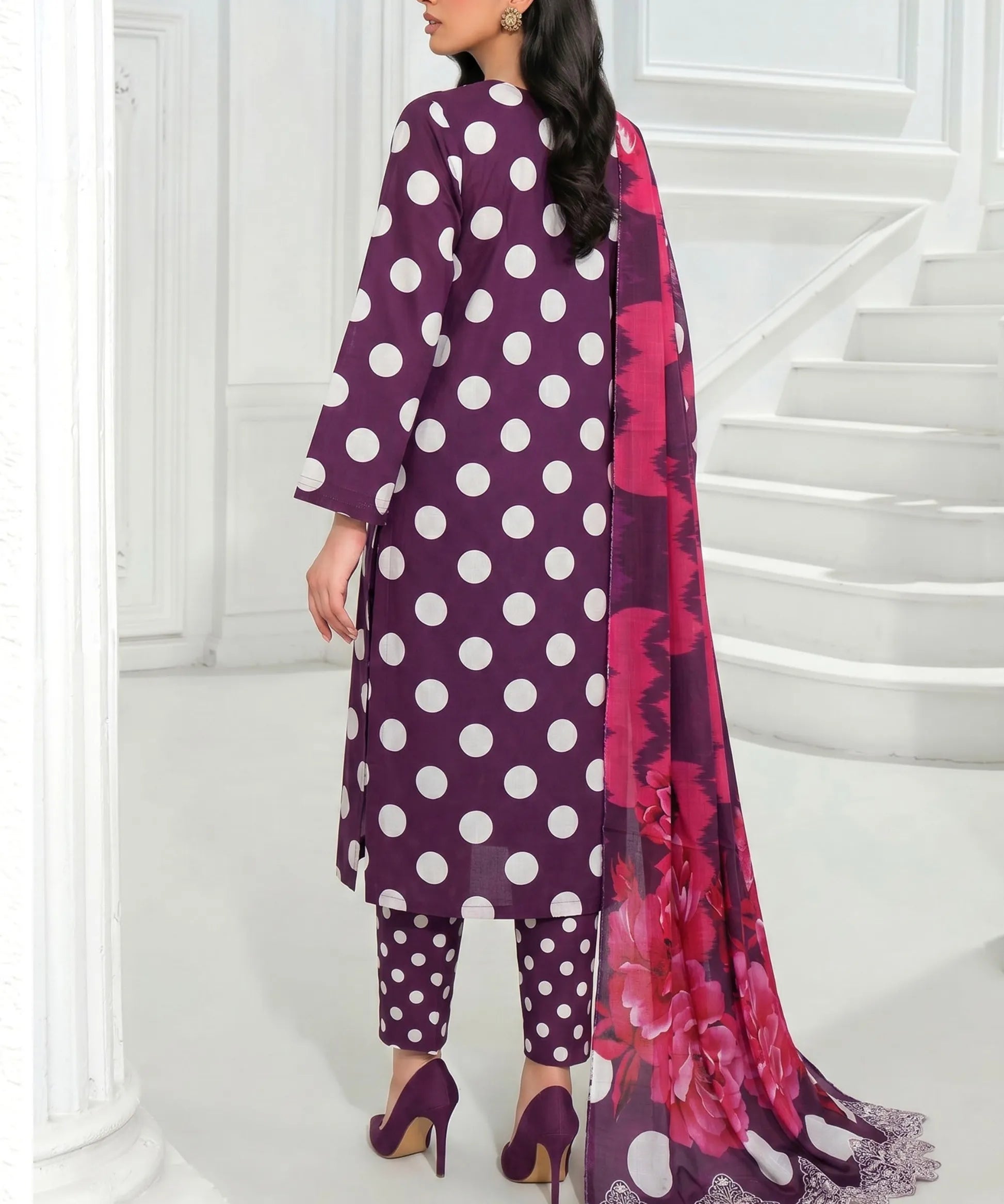Purple Embroidered Unstitched Suit Back Design