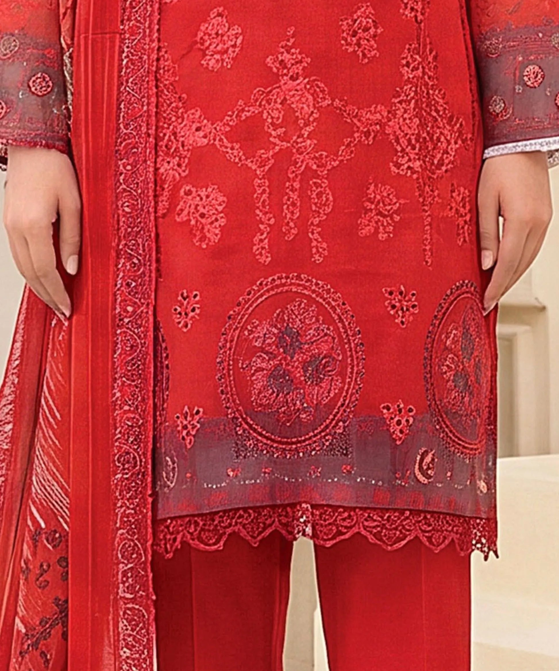 Red Embroidered Unstitched Suit Embroidery Detail