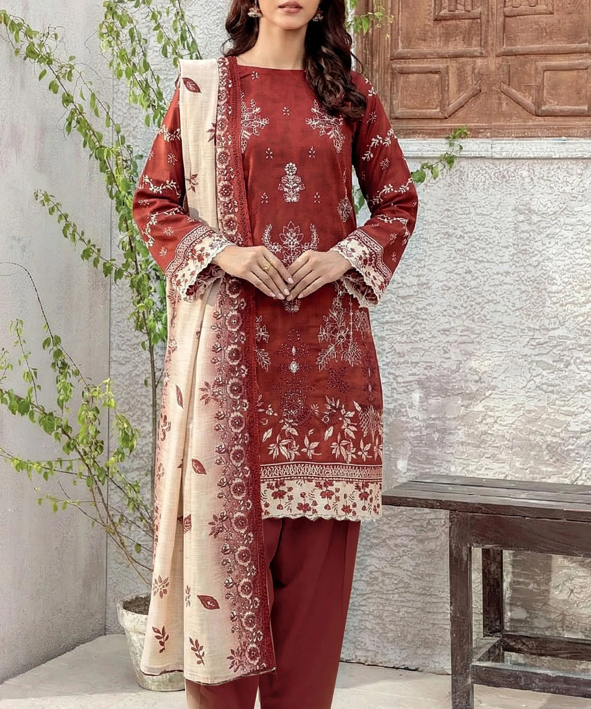 Red Unstitched Embroidered 3 Piece Suit Full View