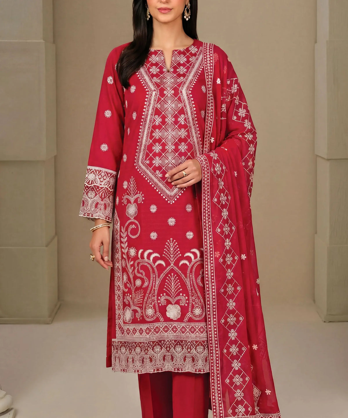 Red Embroidered 3Piece Suit Full View 1