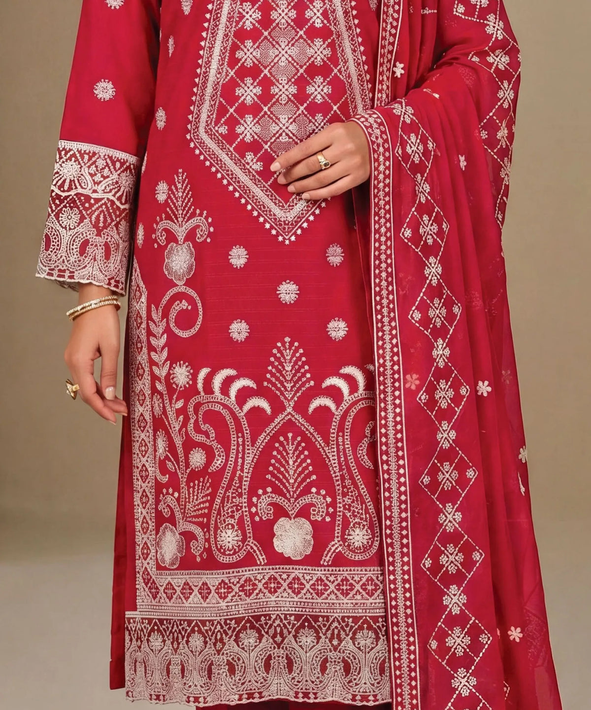 Red Embroidered 3Piece Suit Full View 3