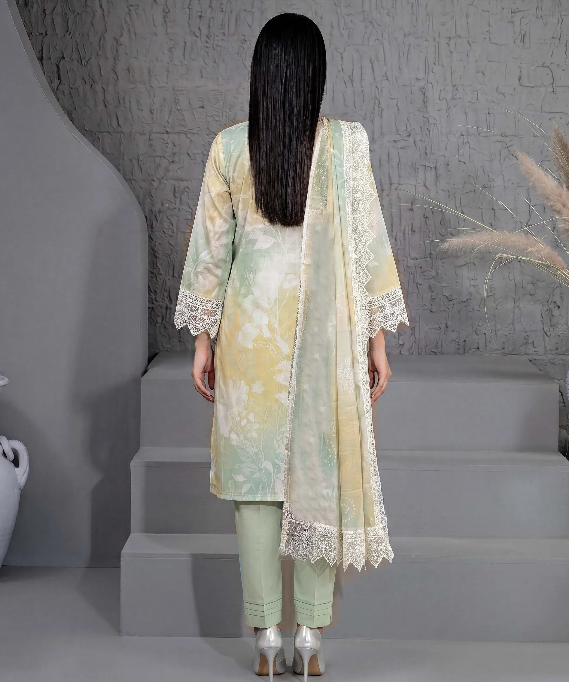 Sage Green Embroidered Unstitched Suit Back Design
