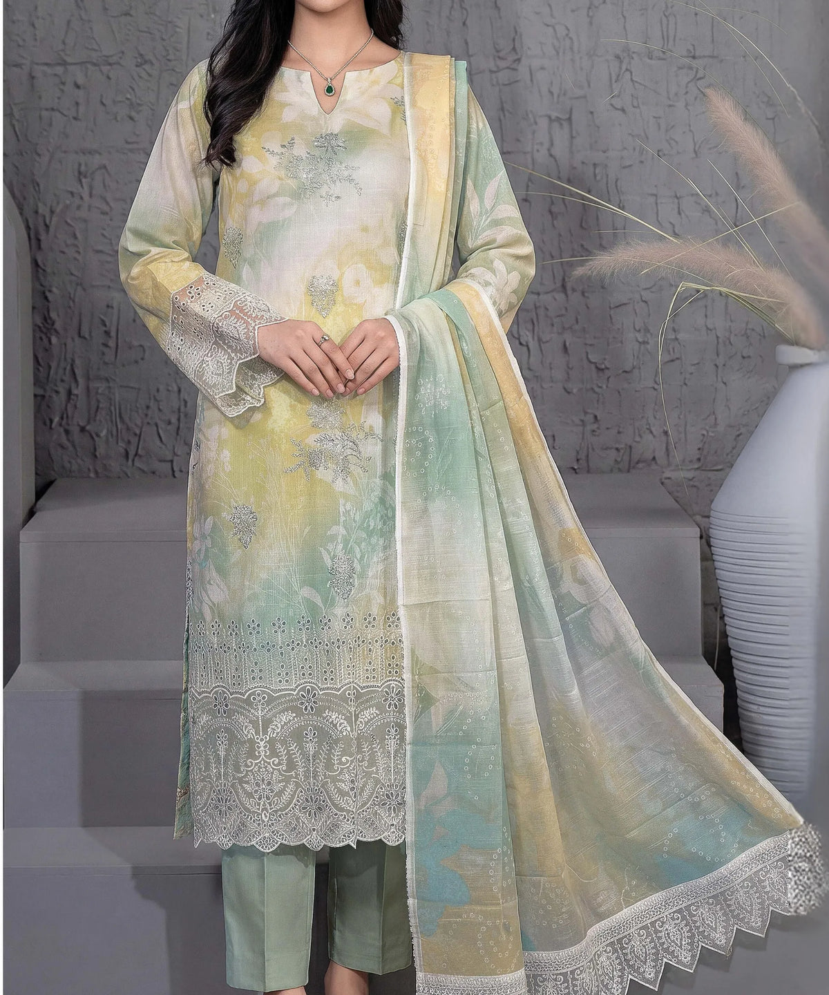 Sage Green Embroidered Unstitched Suit Embroidery Detail