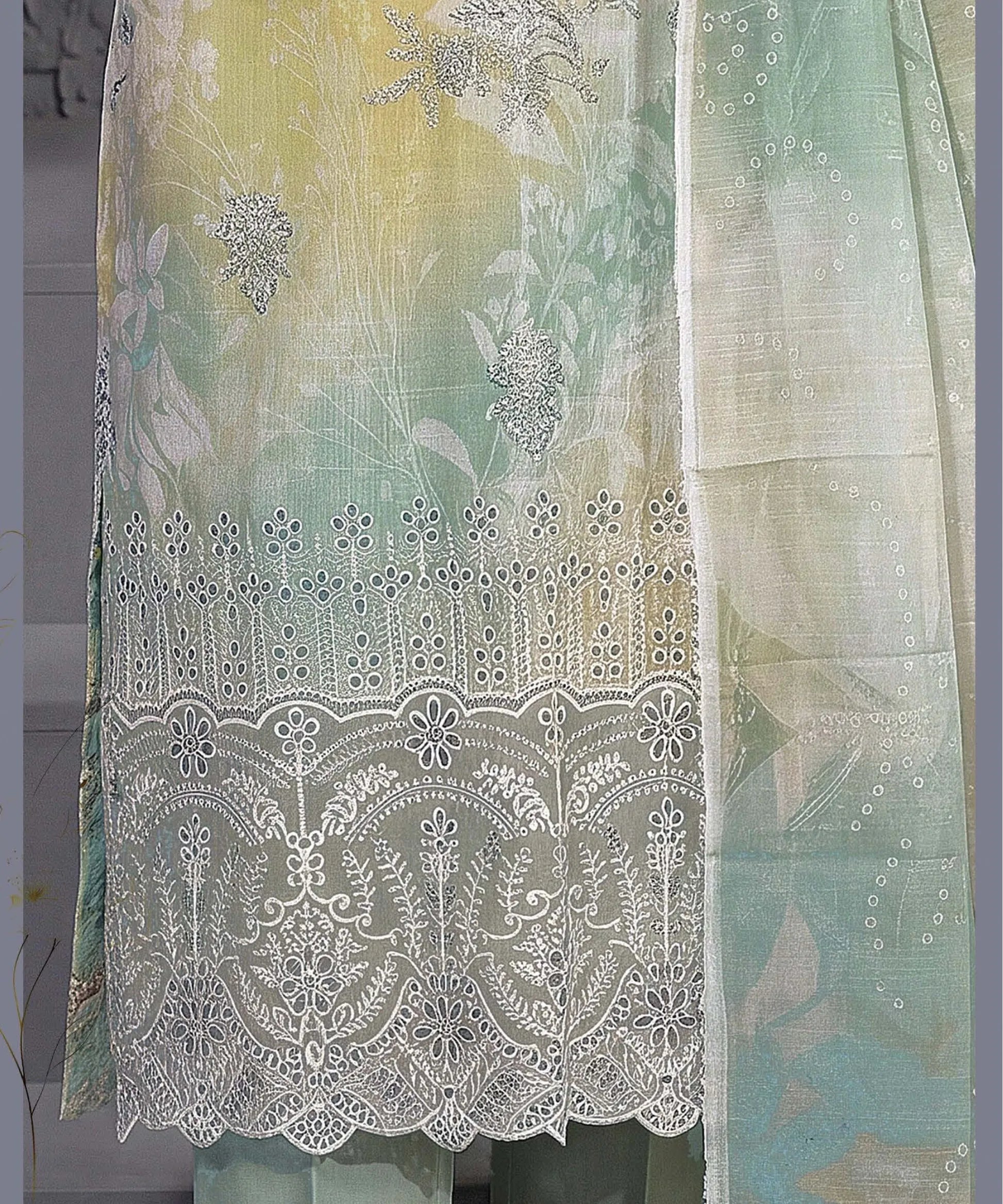 Sage Green Unstitched Embroidered Suit Embroidery Detail