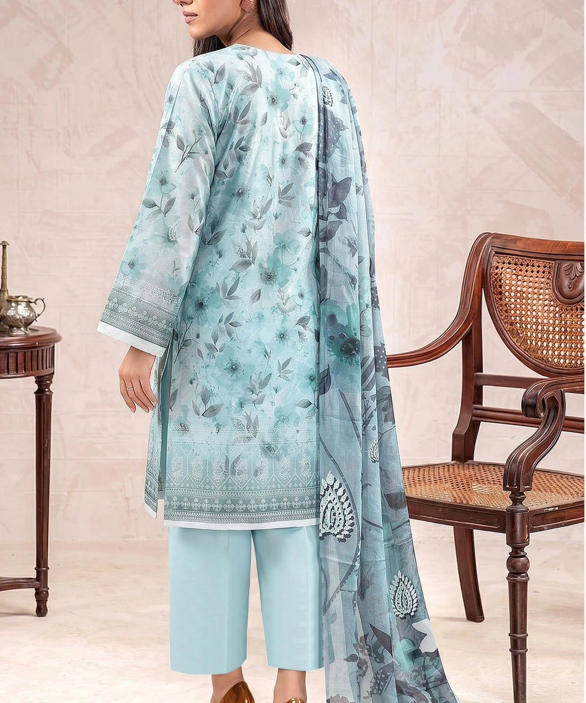 Sky Blue Embroidered Unstitched Suit Back Design