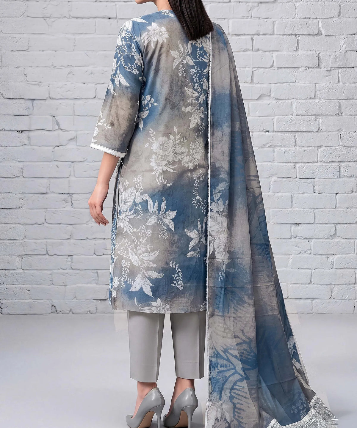 Slate Blue Embroidered Unstitched Suit Back Design