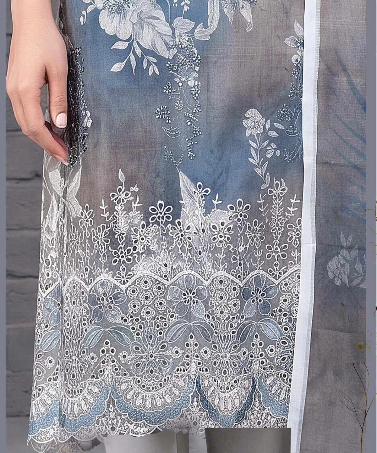 Slate Blue Embroidered Unstitched Suit Embroidery Detail
