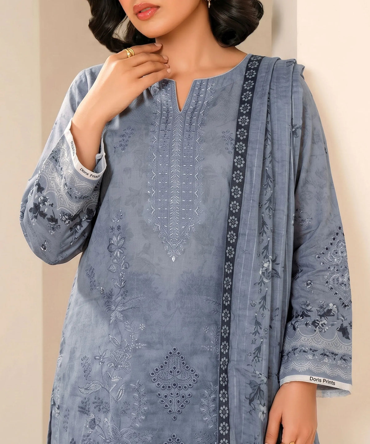 Steel Blue Embroidered Unstitched Suit Embroidery Detail