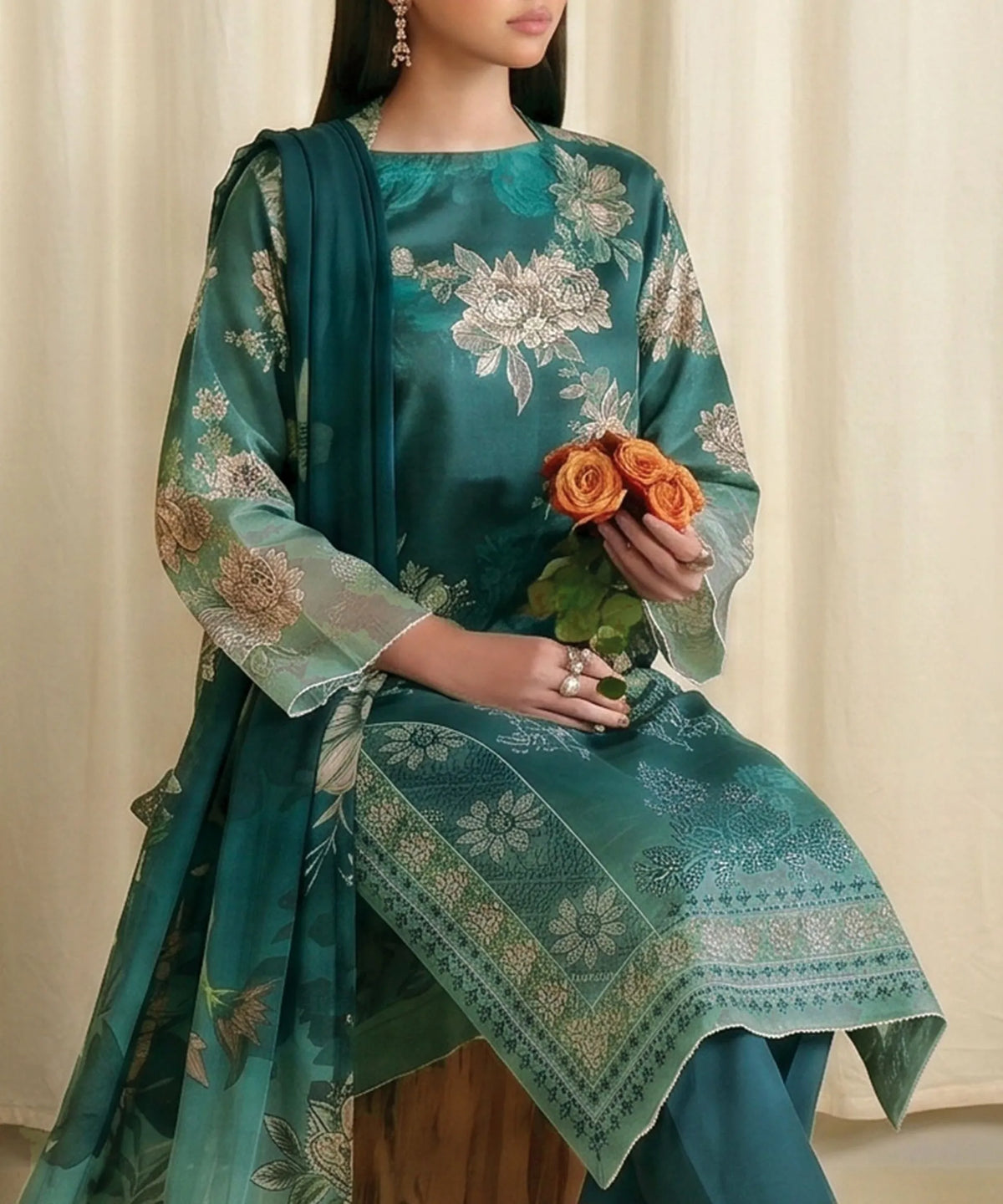 Teal Unstitched 3PC Suit Dupatta Pattern Detail