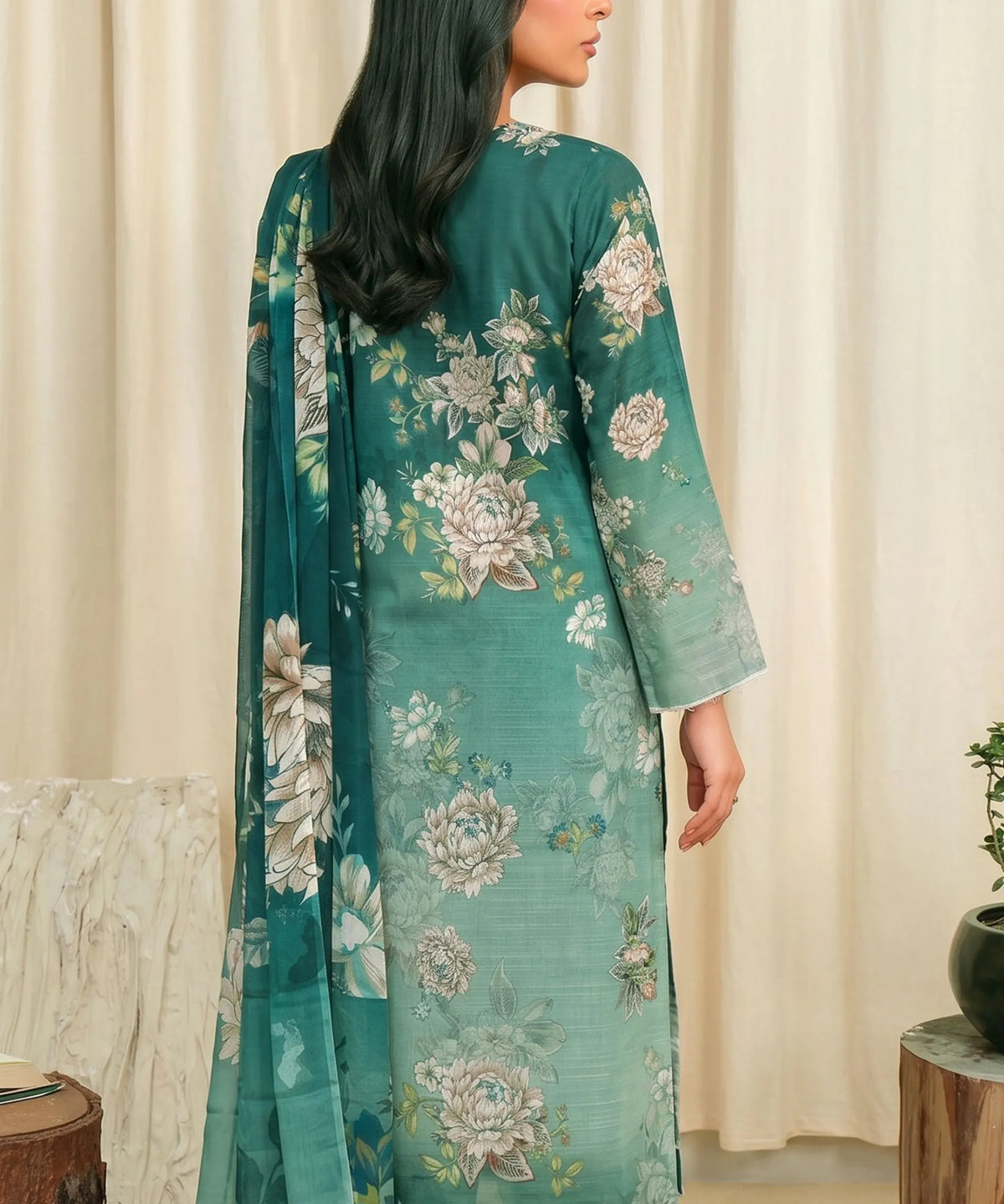 Teal Unstitched 3PC Suit Dupatta Pattern Detail