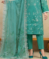 Teal Unstitched 3 PC Suit Printed Dupatta Design