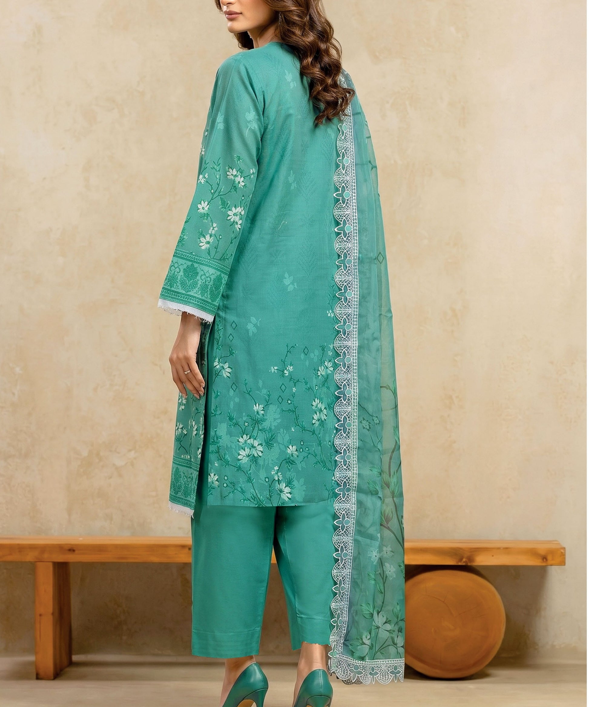 Teal Unstitched EmbroideredSuit Back Design