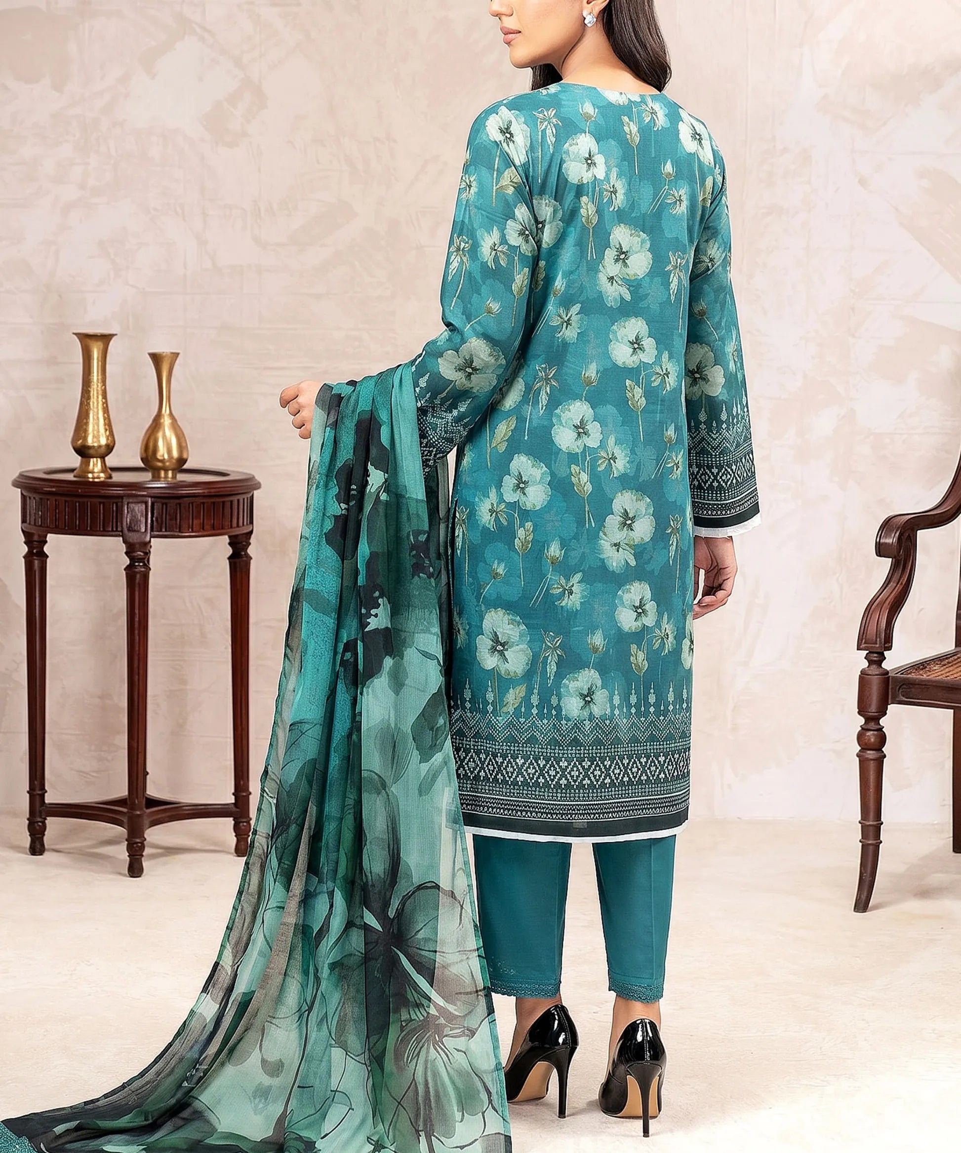 Teal Embroidered Suit Plain Trouser Fabric