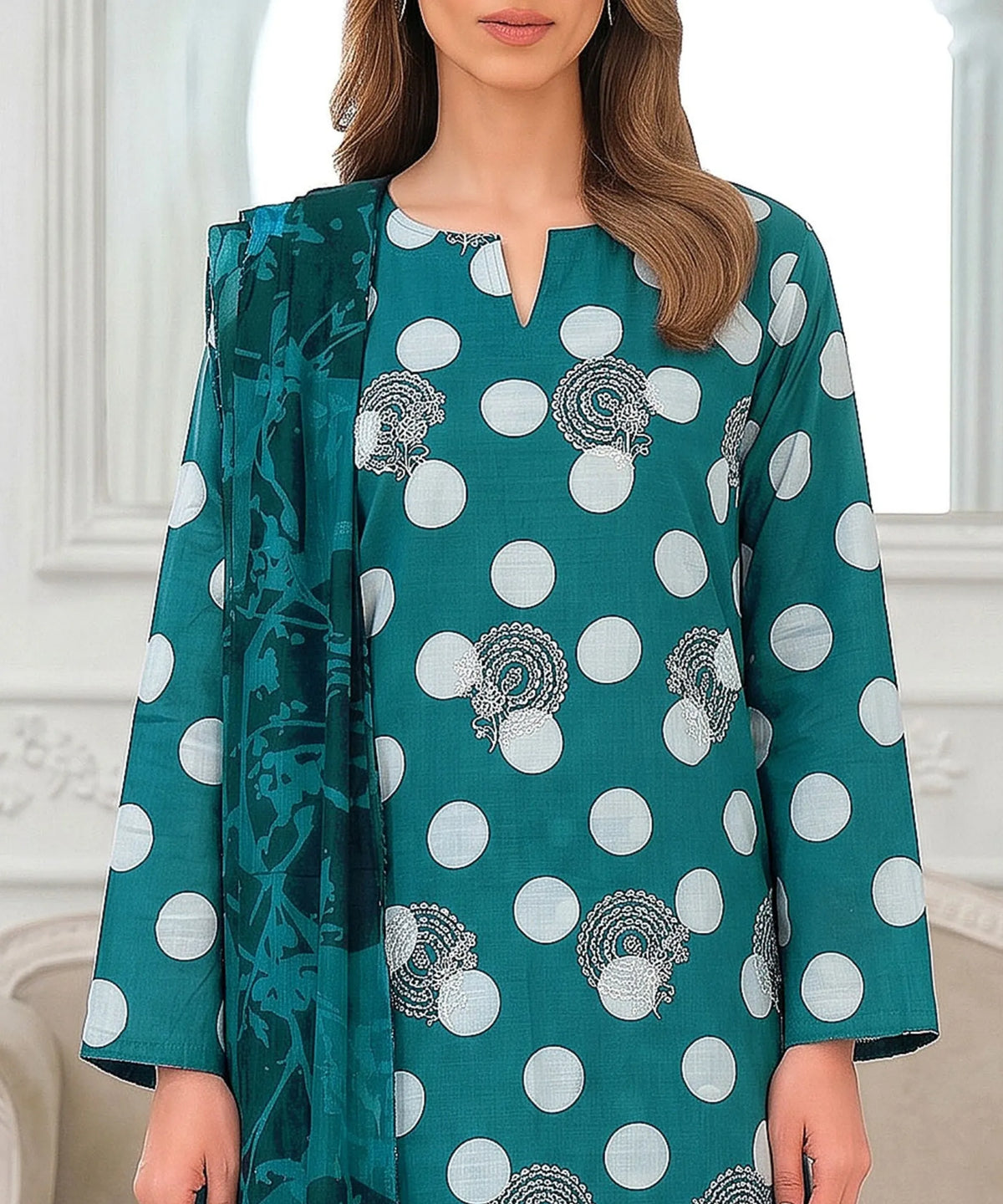 Teal Embroidered Unstitched 3PC Suit Front View