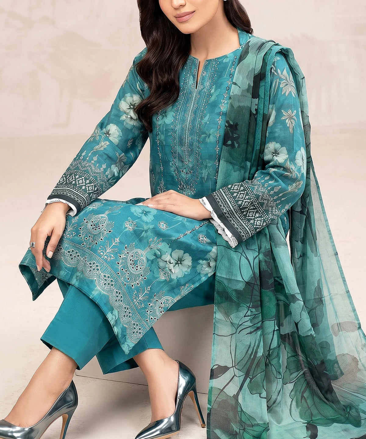 Teal Embroidered Unstitched 3PC Suit Sitting Pose