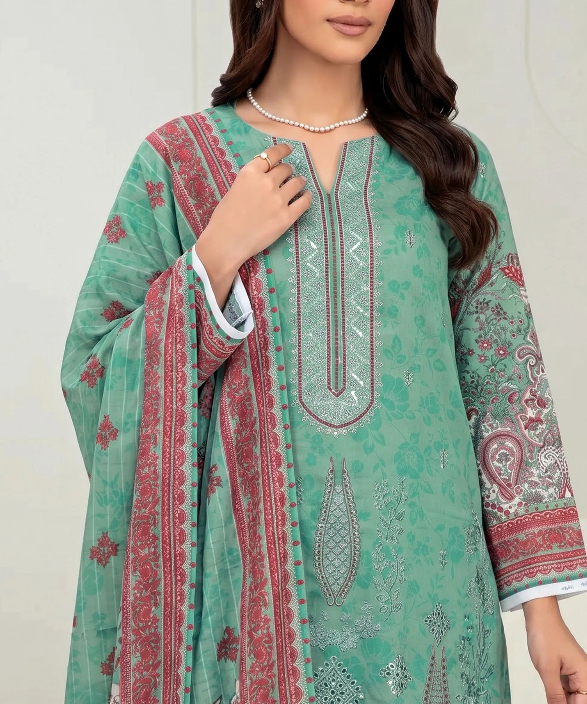 Teal Embroidered Unstitched Suit Neckline Embroidery Detail