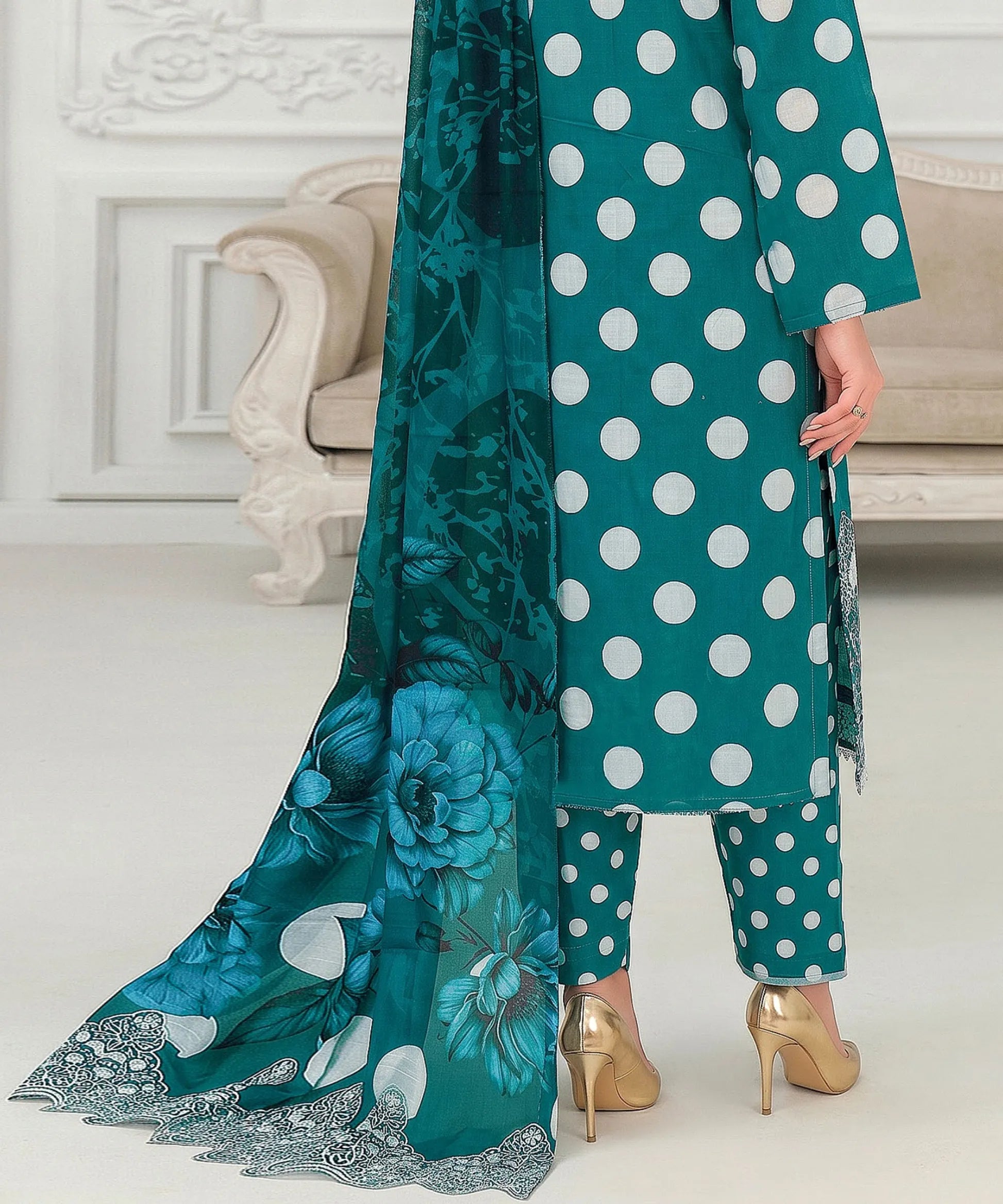 Teal Unstitched 3PC Suit Printed Dupatta Design