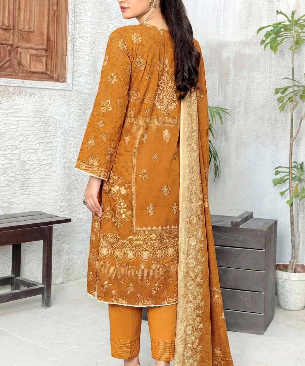 Toffee Embroidered Unstitched Suit Back Design
