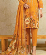 Yellow Unstitched embroided 3 PC Suit Printed Dupatta Design