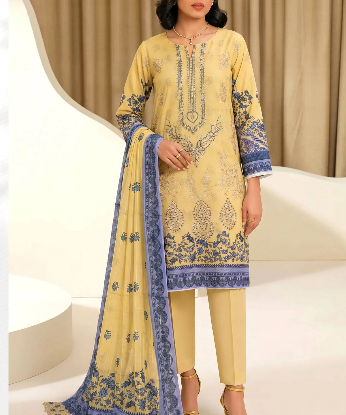 Yellow Embroidered 3Piece Suit Full View