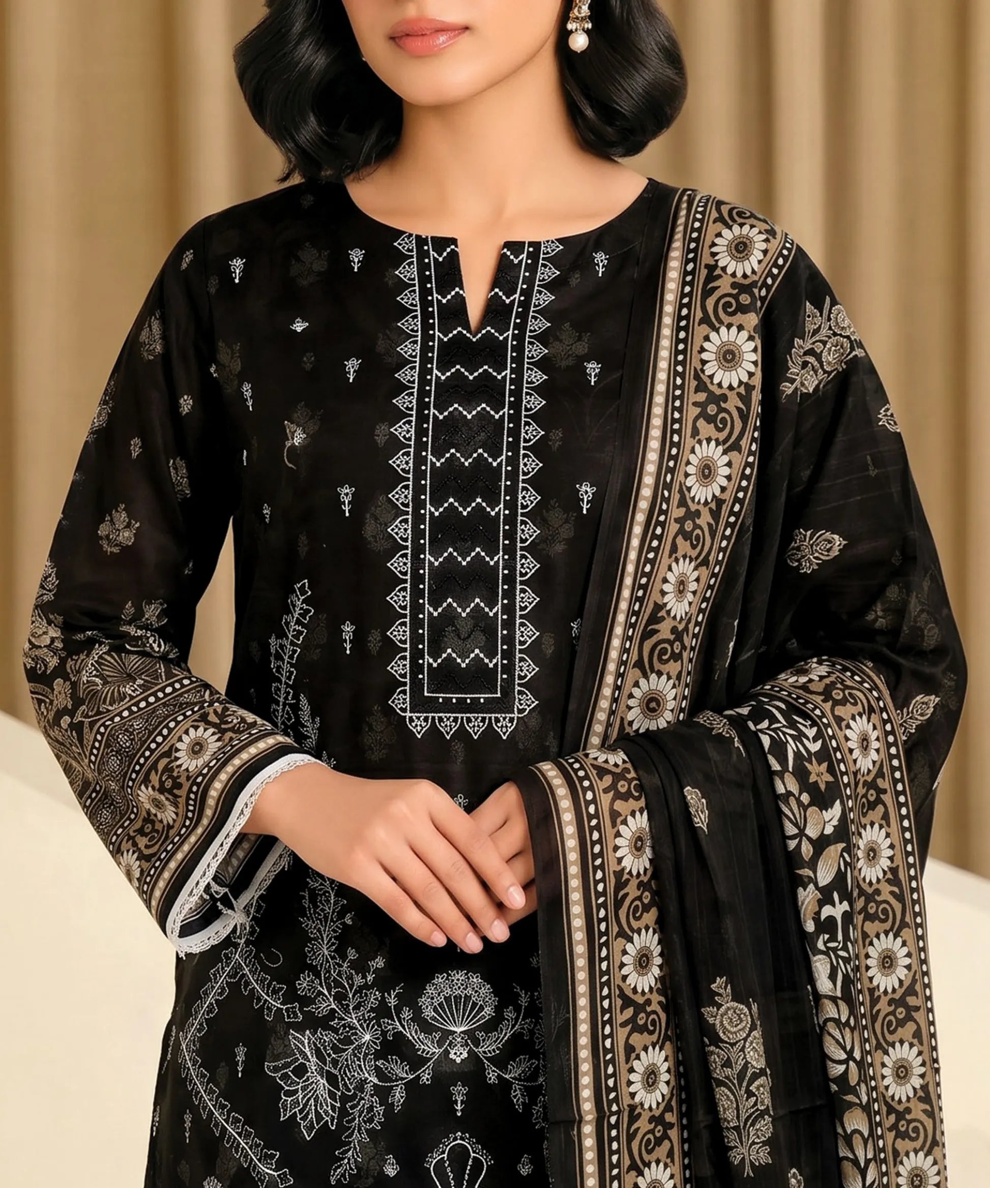 Aaria Black Embroidered Unstitched Suit Neckline Embroidery Detail