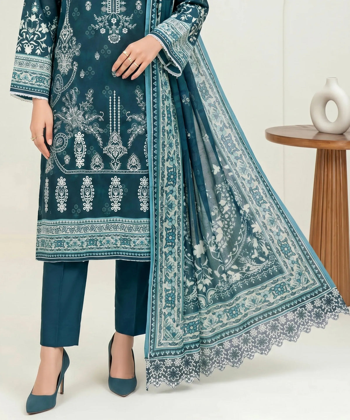 Aaria Deep Teal Unstitched 3PC Suit Printed Dupatta Design