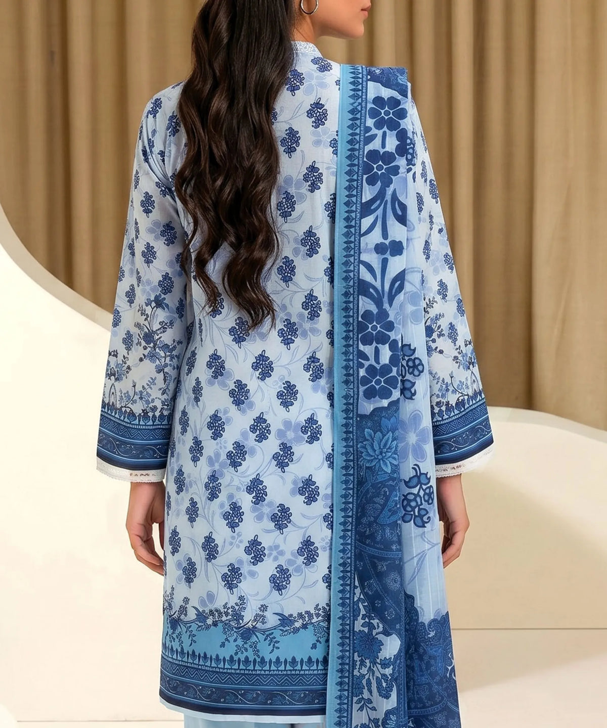 Sky Blue Embroidered Unstitched Suit Back Design