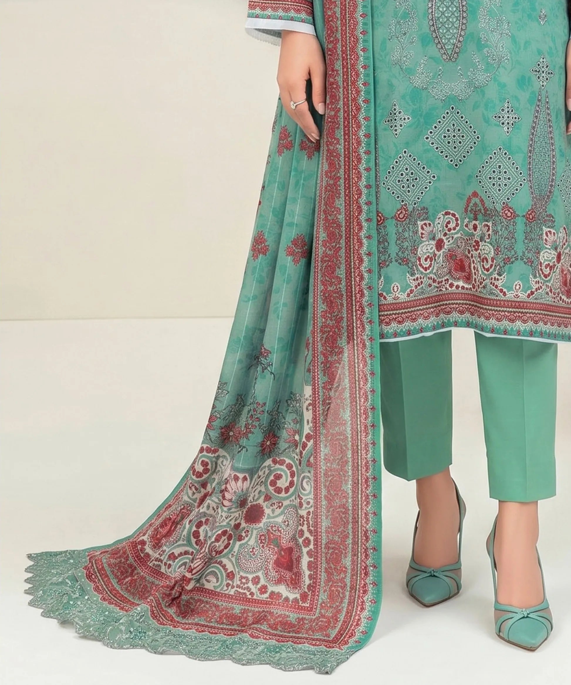 Aaria Teal Unstitched 3PC Suit Printed Dupatta Design