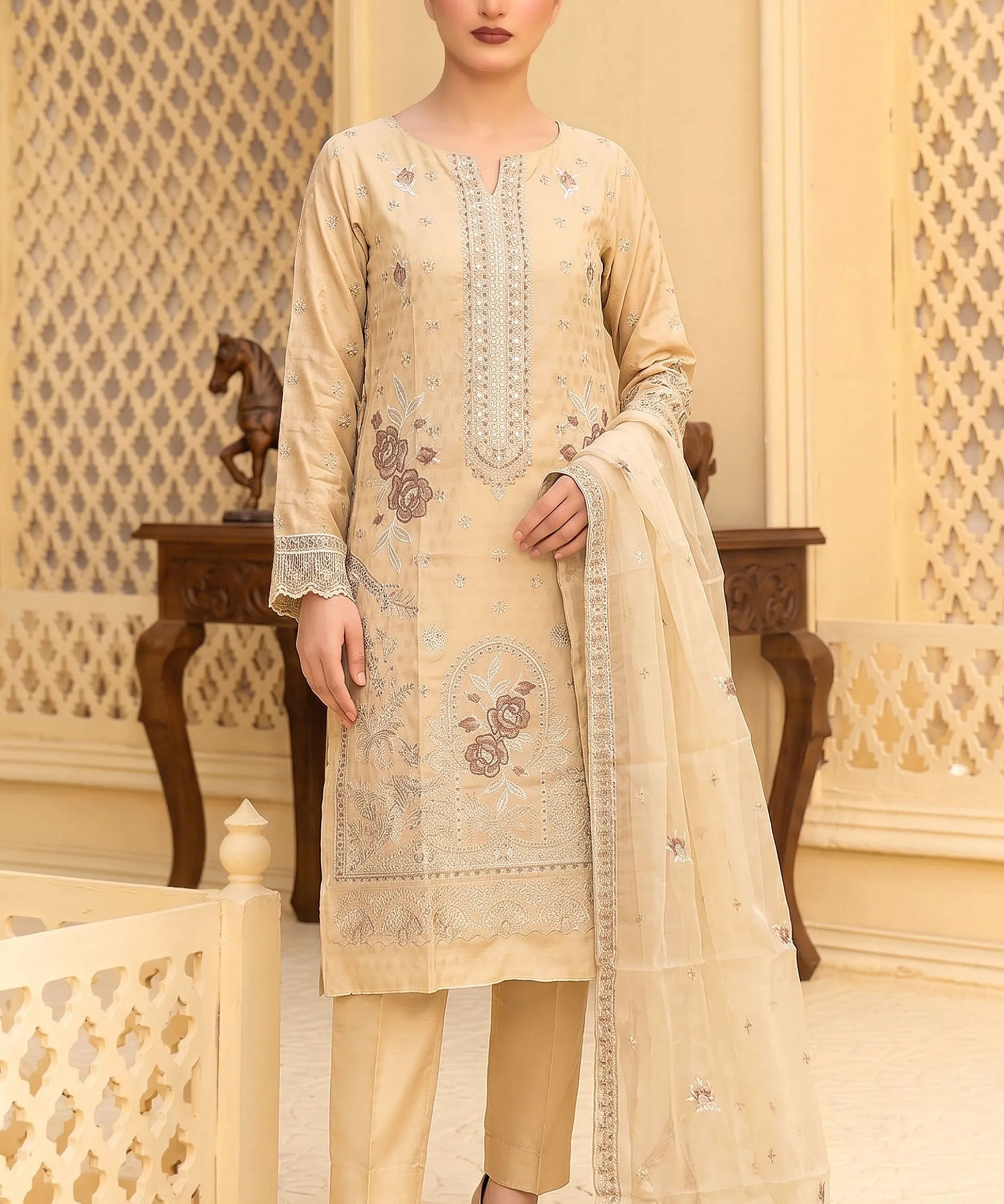 Beige Embroidered 3Piece Suit