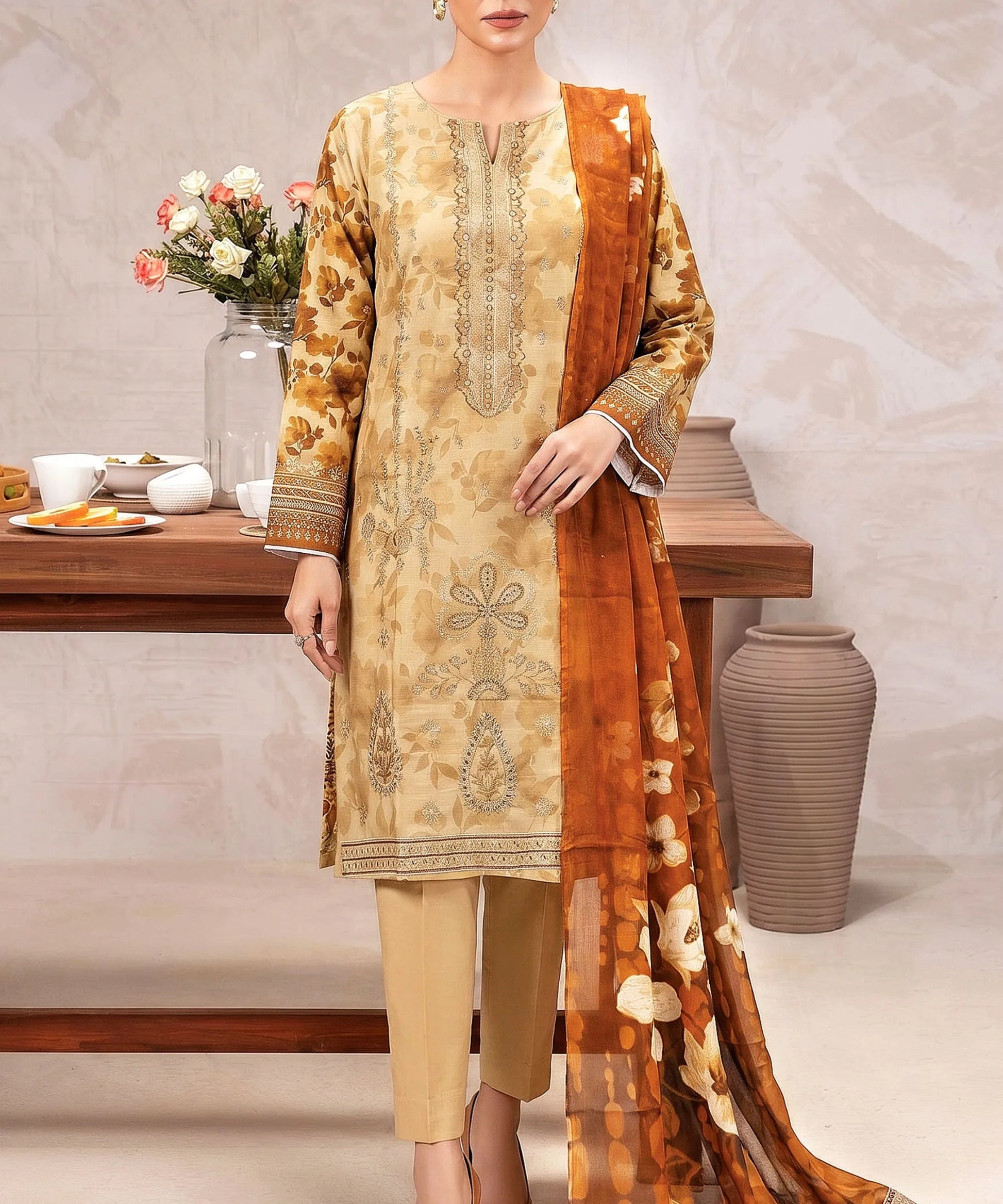 Beige Embroidered 3Piece Suit Full View