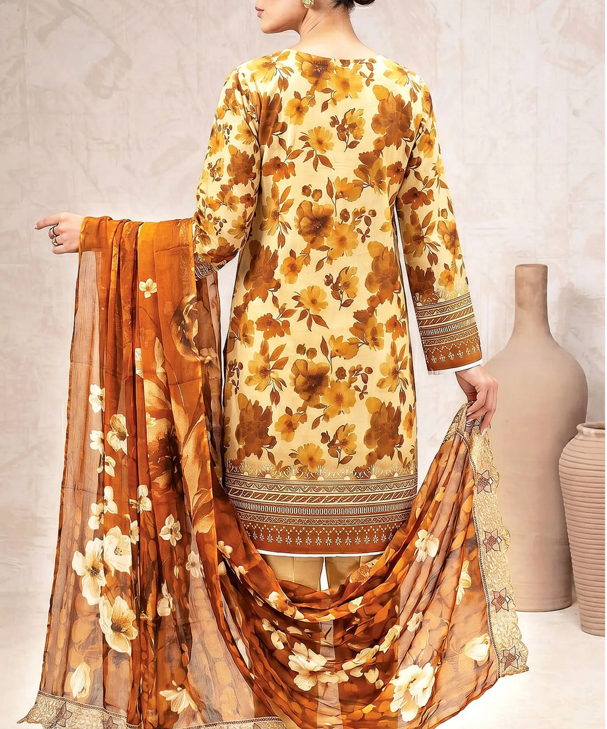 Beige Embroidered Unstitched Suit Back Design