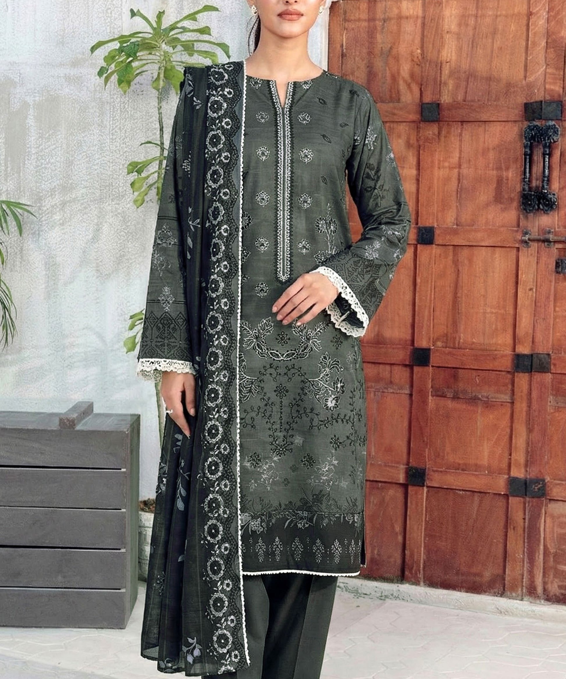Black Embroidered Unstitched 3 Piece Suit Full View