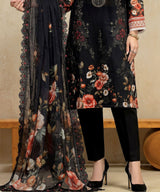 Black Unstitched 3 PC Suit Printed Dupatta Design
