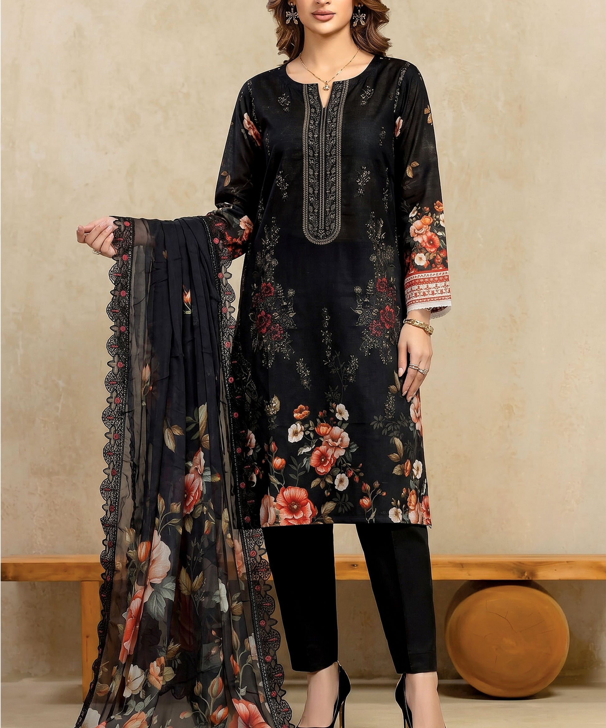 Black Unstitched Embroidered 3 Piece Suit