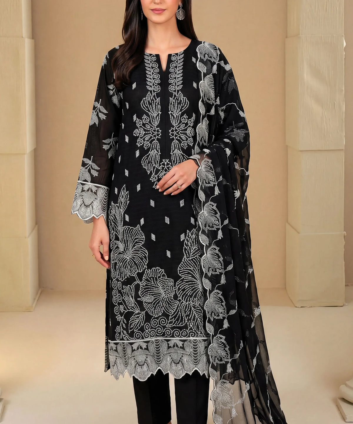 Black Embroidered 3Piece Suit Full View 1