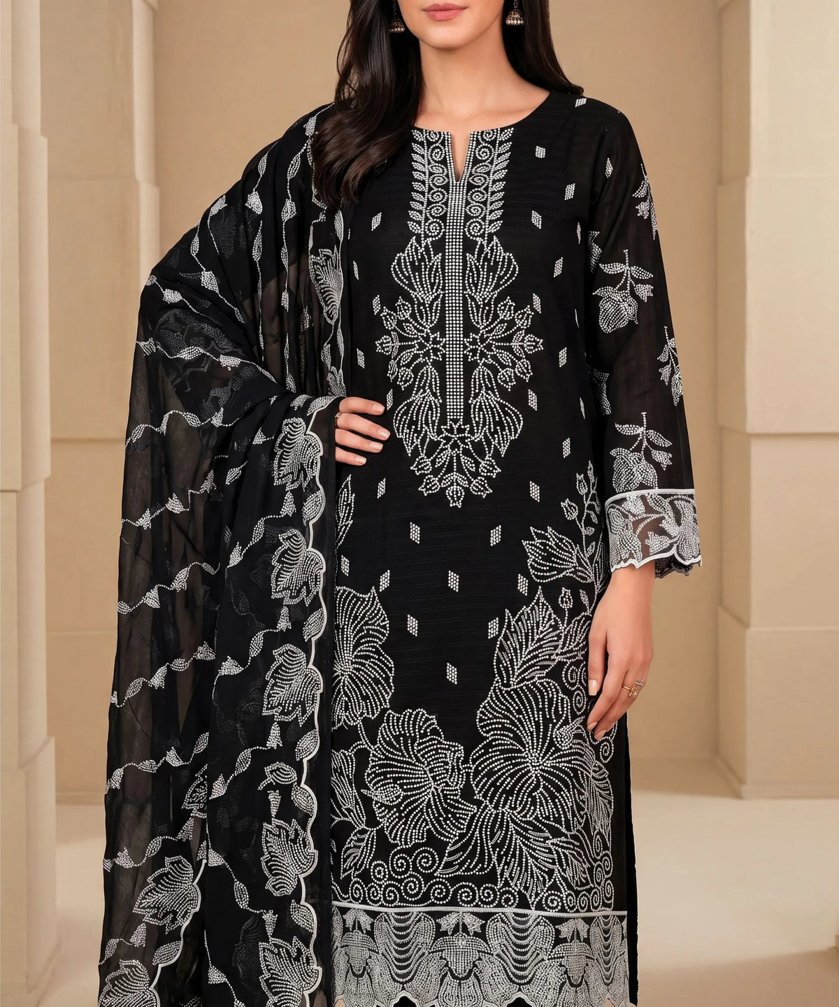 Black Embroidered 3Piece Suit Full View 2