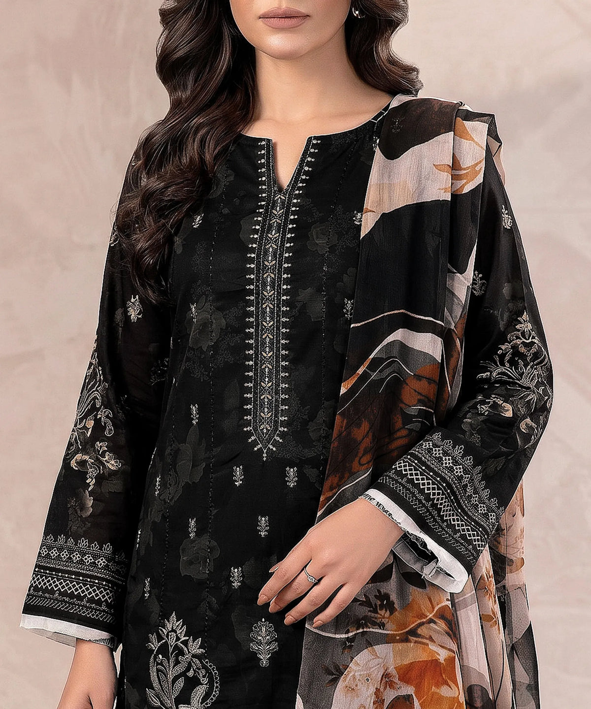 Black Embroidered Unstitched Suit Embroidery Detail