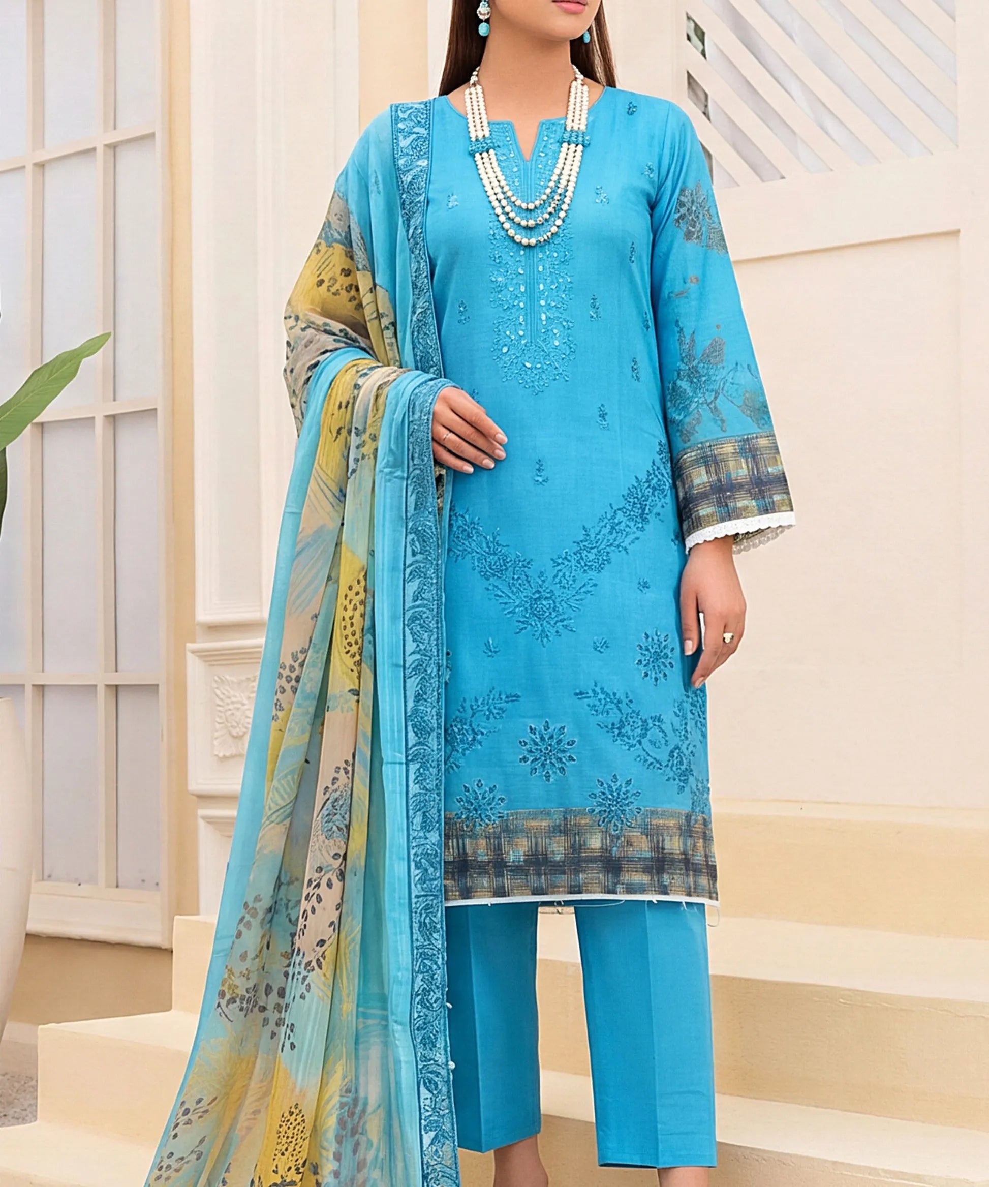 Blue Embroidered 3 Piece Suit Full View