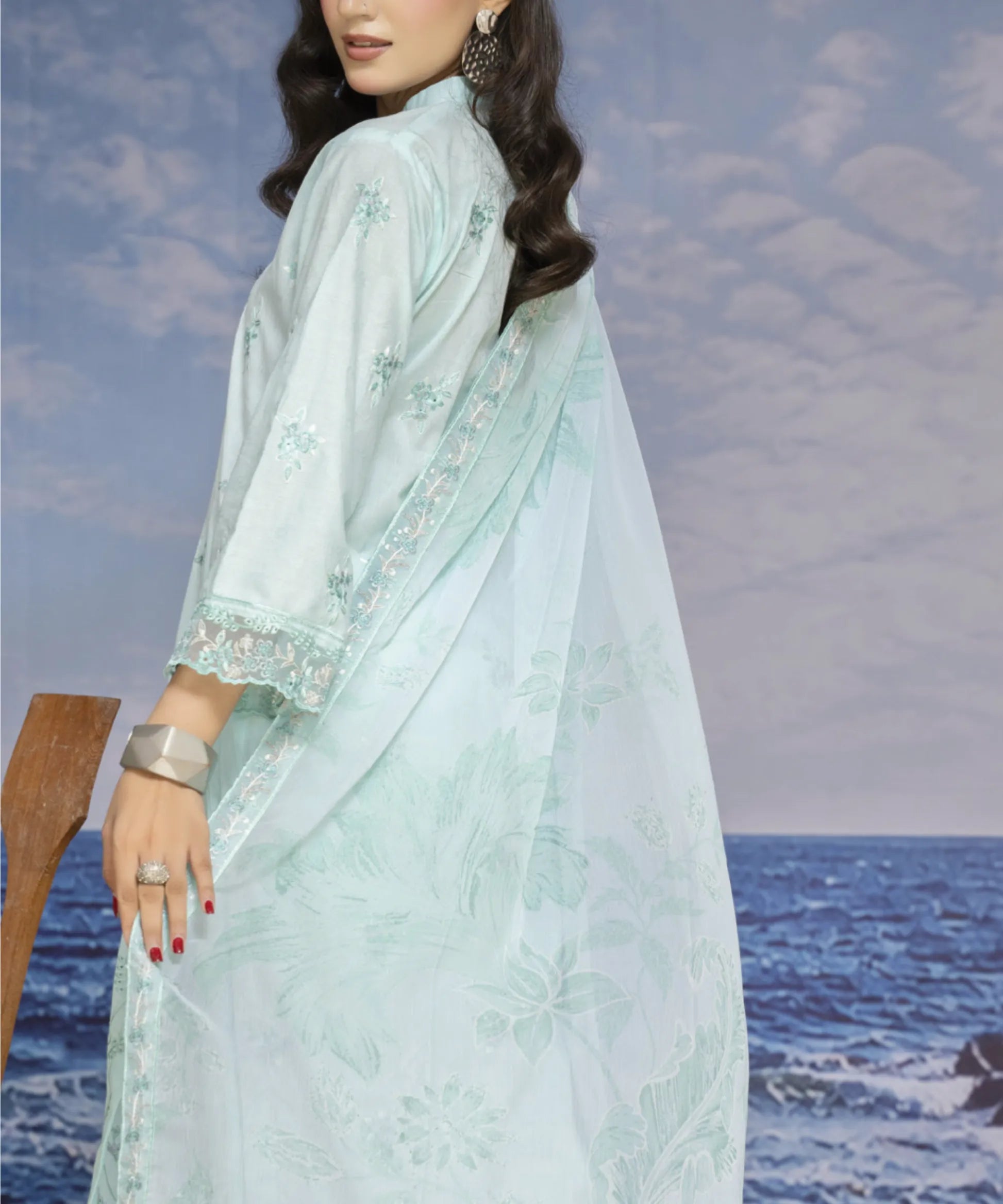 Blue Embroidered Unstitched 3 PC Suit Shirt Back View