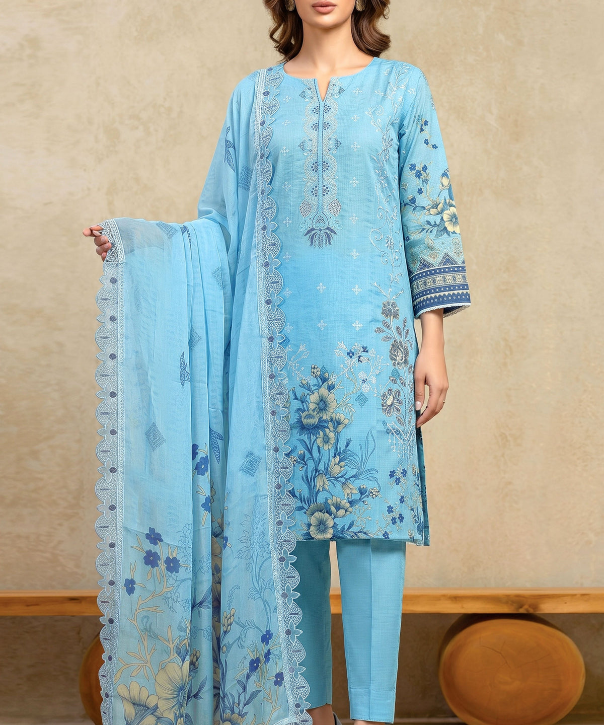 Blue Embroidered Unstitched 3PC Suit