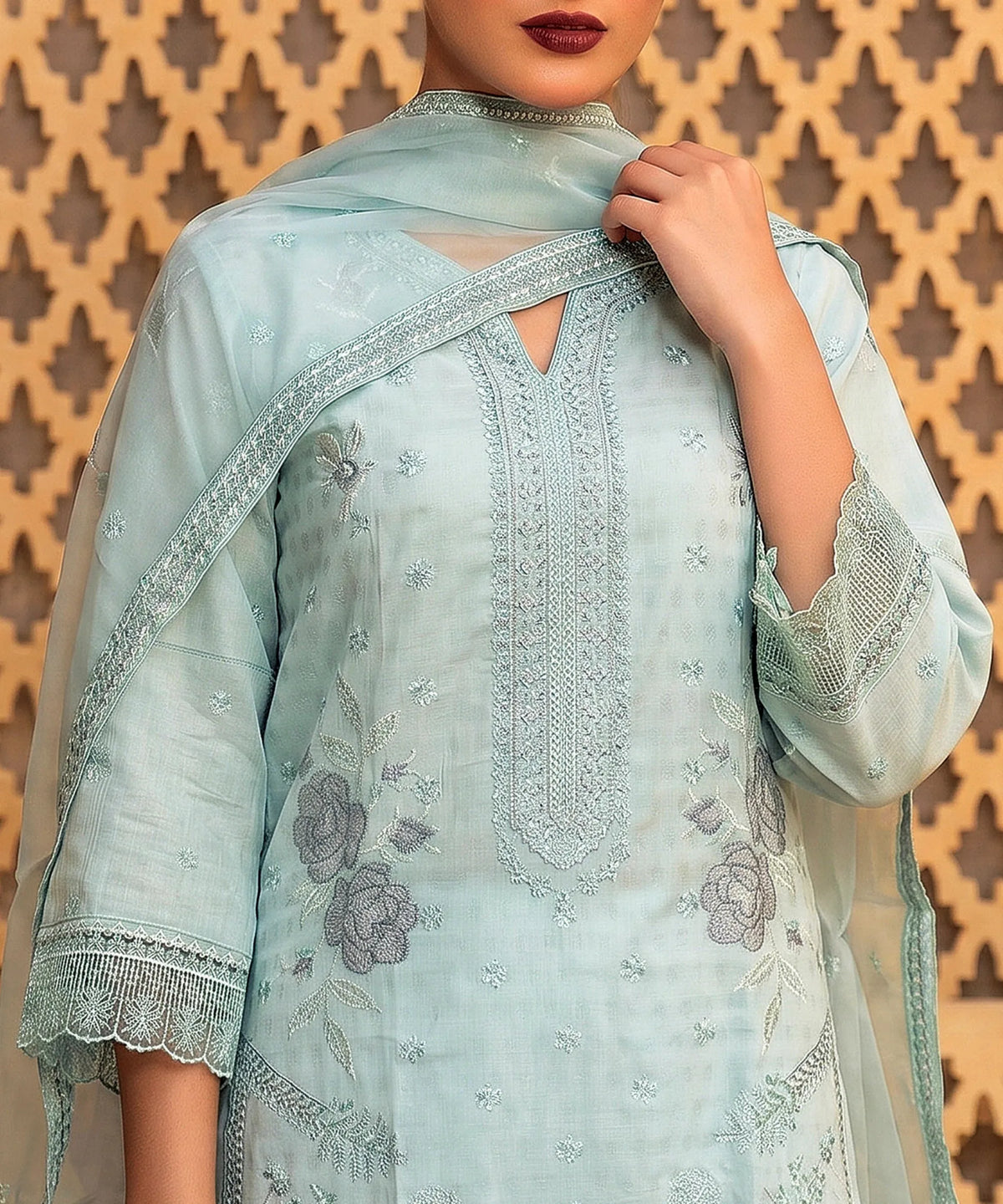 Blue Embroidered Unstitched Suit