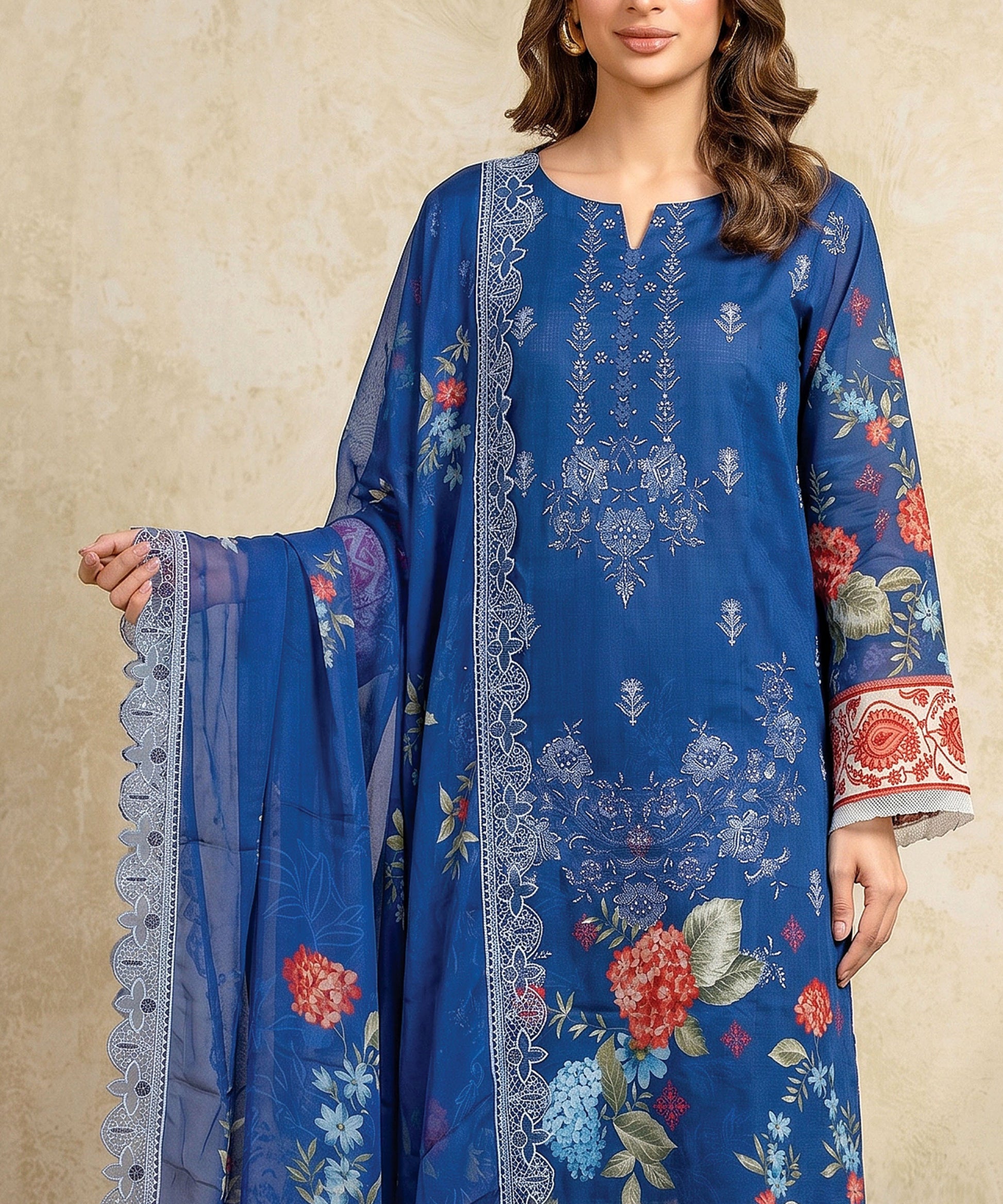 Blue Embroidered Unstitched Suit Embroidery Detail