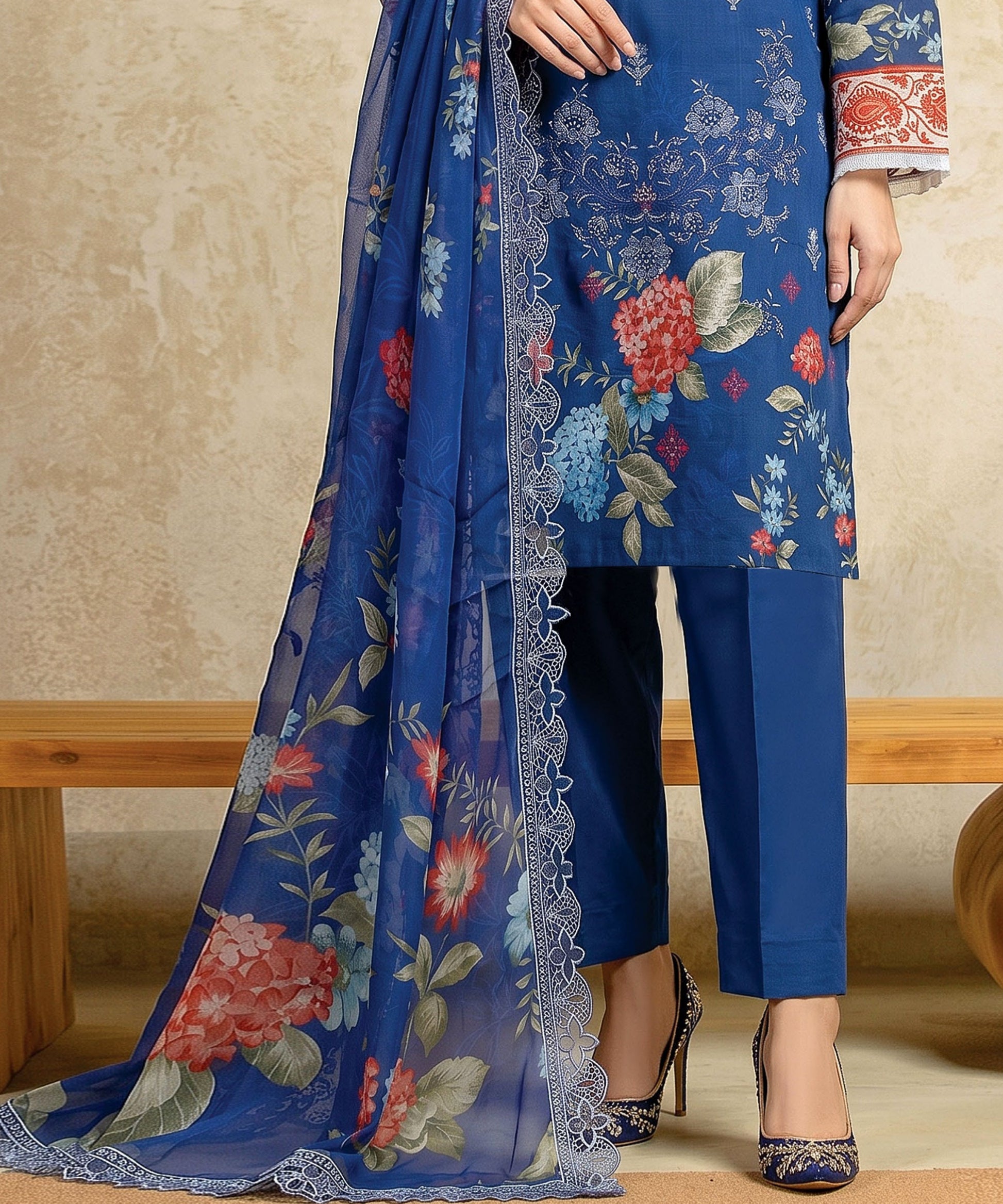Blue Unstitched 3 PC Suit Printed Dupatta Design