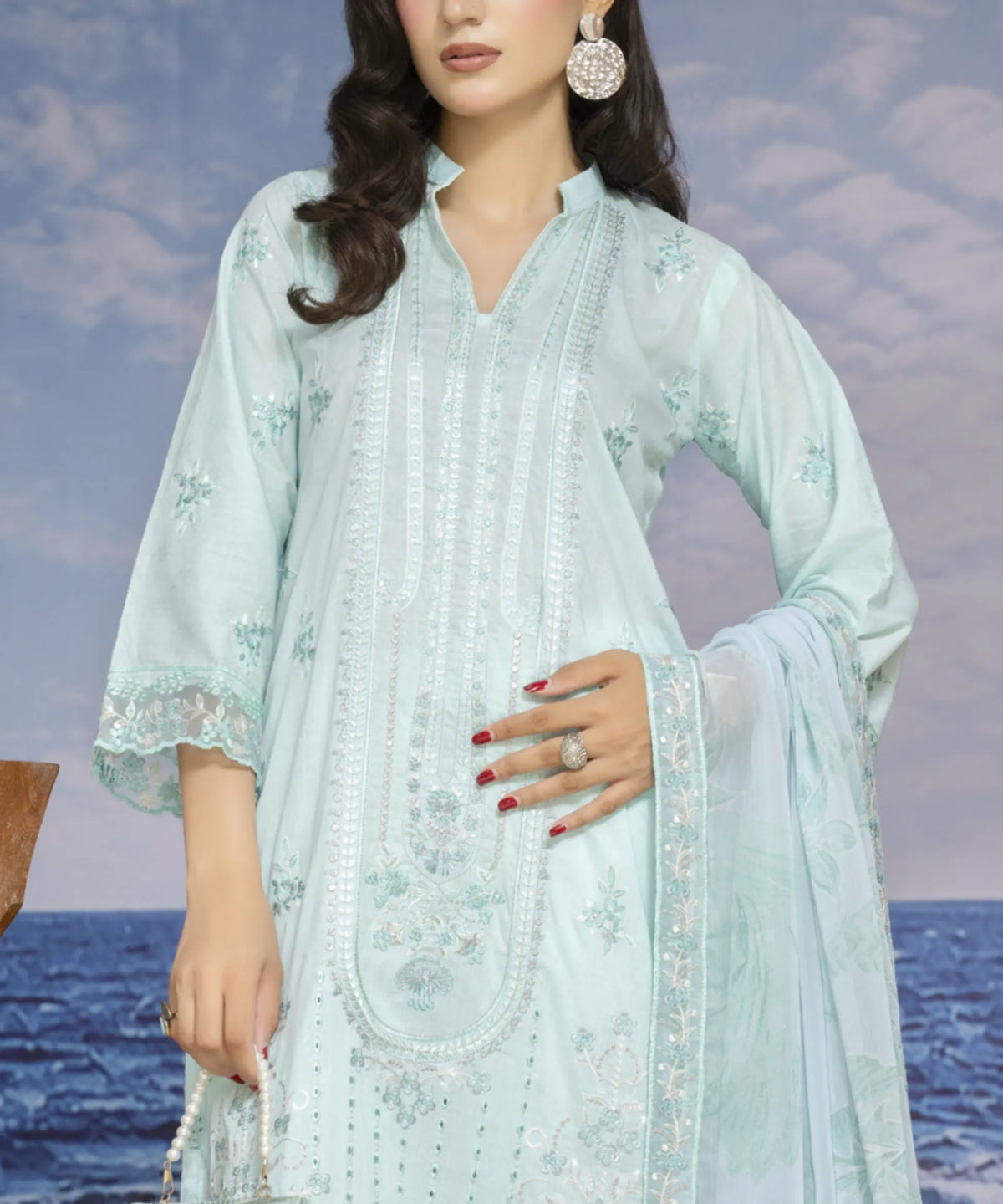 Blue Unstitched Embroidered Suit Neck line Embroidery Detail
