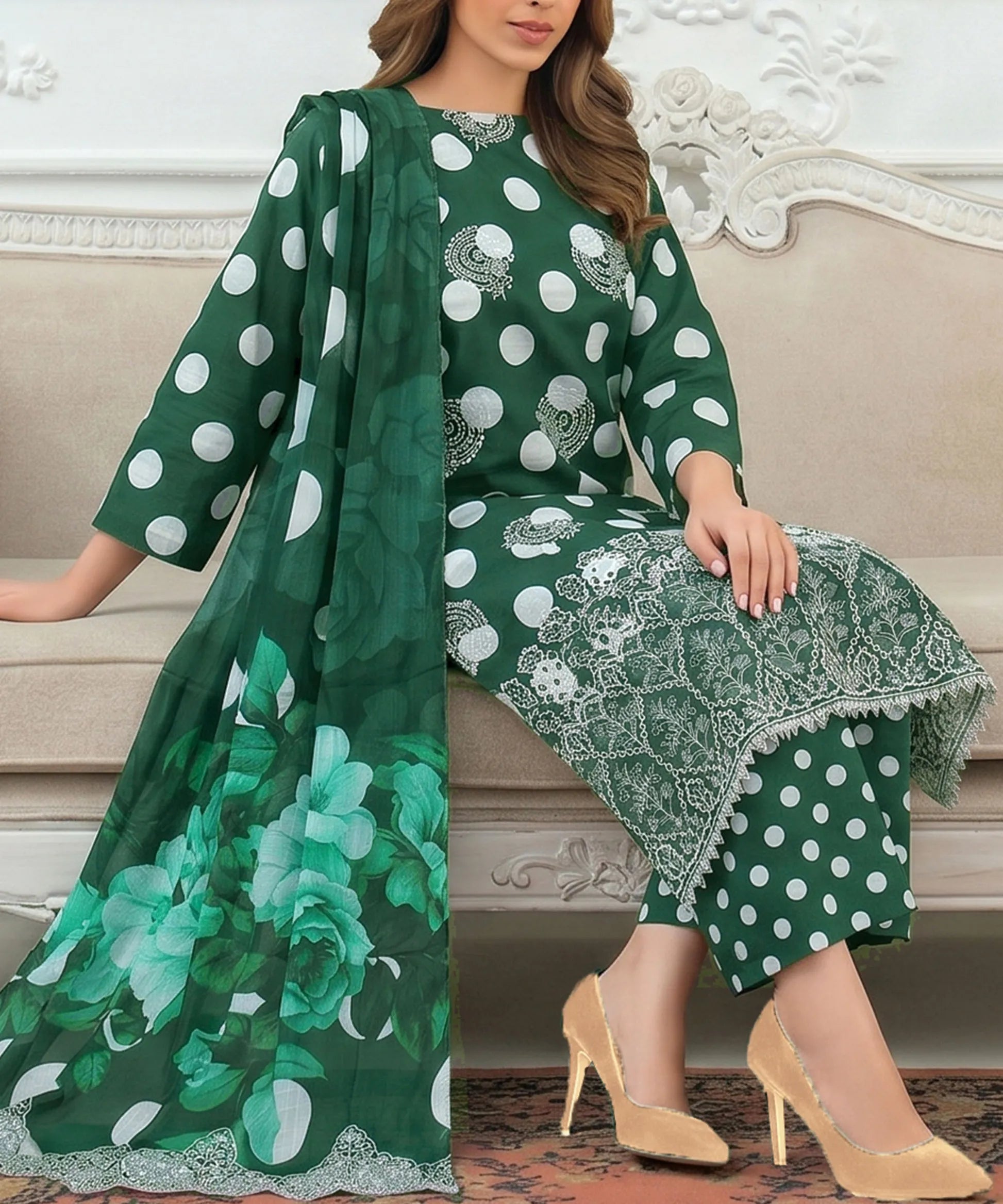 Bottle Green Embroidered 3Piece Suit Full Sitting View