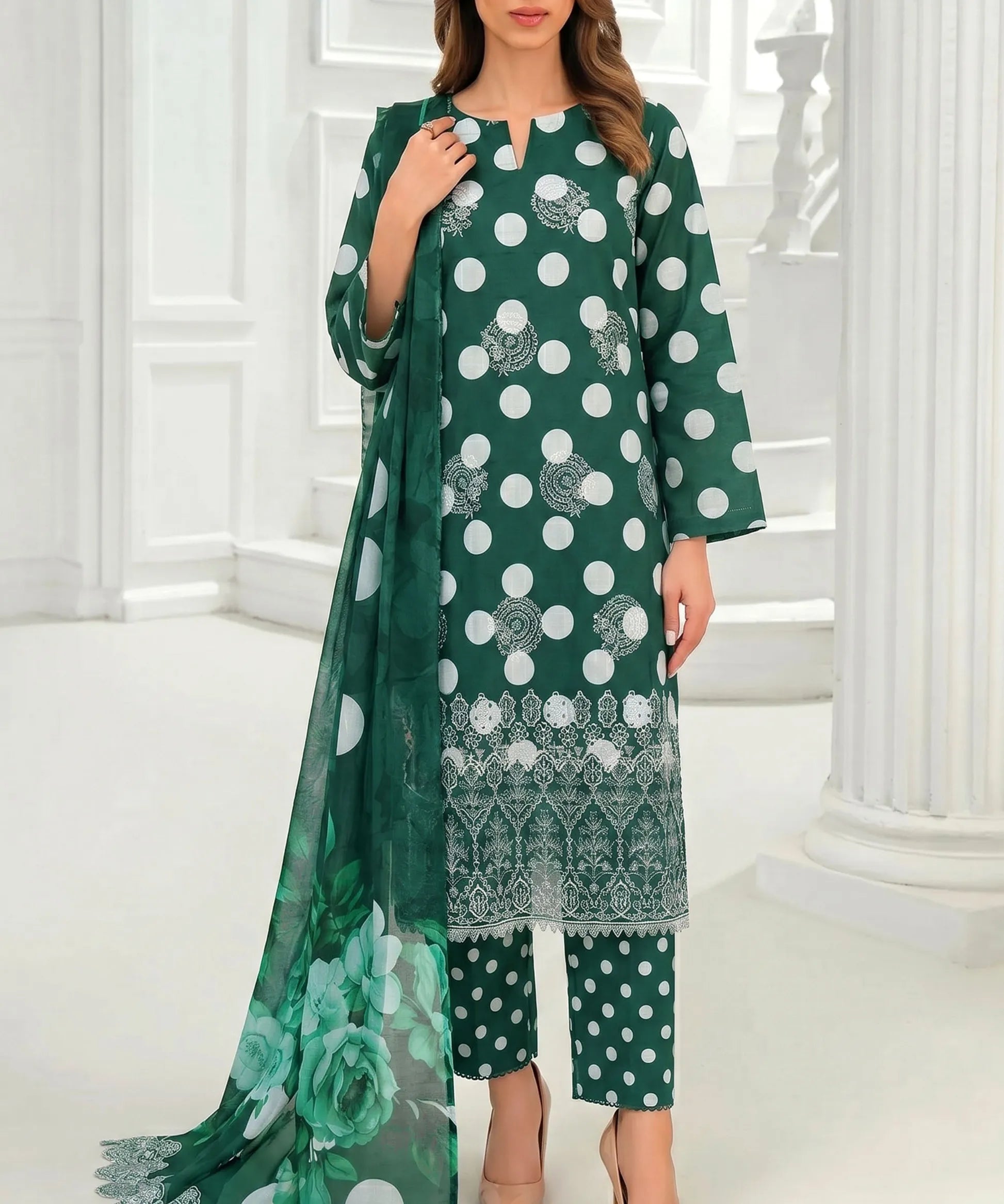 Bottle Green Embroidered 3Piece Suit Full View