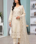 Cream Beige Embroidered 3 Piece Suit Full View