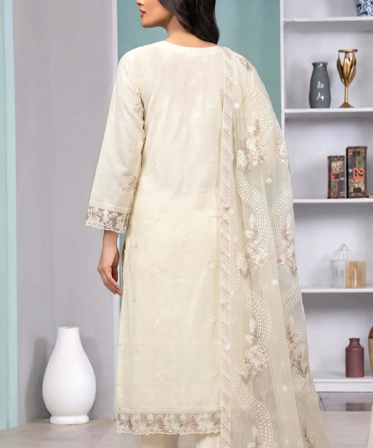 Cream Beige Unstitched 3PC Suit Shirt Back View